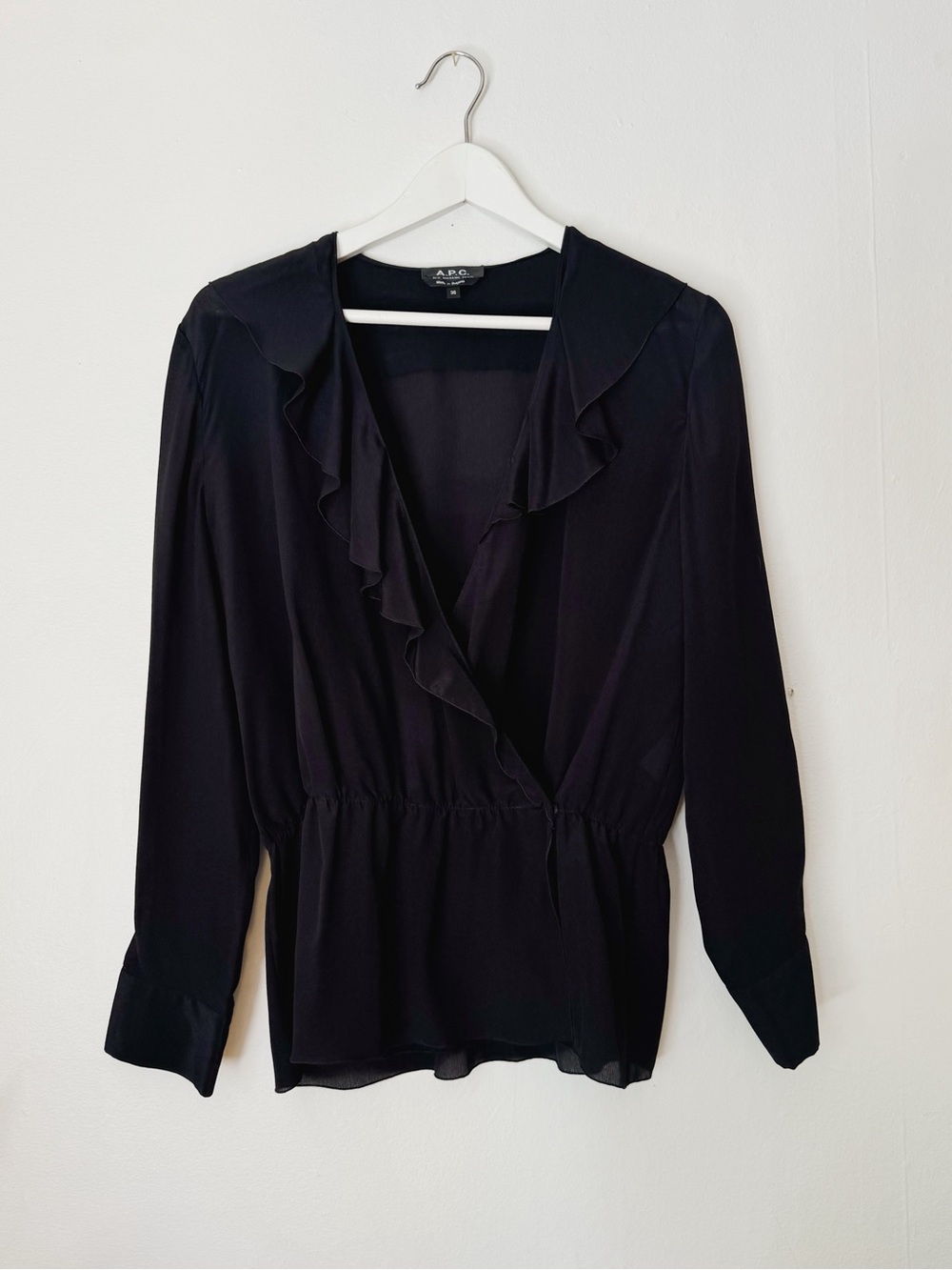 A.P.C. Black Silk Ruffle V-neck Wrap Blouse